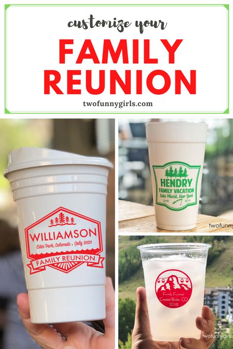 Family Reunion Cups, Family Reunion Logo, Cup Stickers, Funny Girls, Personalized Plates, Food Picks, Family Reunions, Custom Cups, Reusable Cup