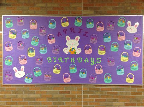 April Birthday Bulletin Board - Easter Baskets April Birthday Bulletin Boards, Spring Birthday Bulletin Boards, Easter Bulletin Boards For Daycare, Garden Birthday Bulletin Board, Easter Library Bulletin Boards, April Bulletin Boards, Birthday Board Classroom, Birthday Bulletin, Birthday Bulletin Boards