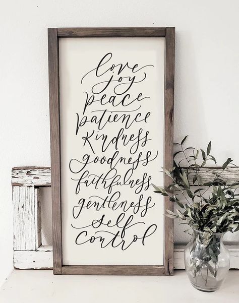 Living Room Signs, Faith Messages, Spirit Signs, Modern Farmhouse Wall Decor, Fruits Of The Spirit, The Fruit Of The Spirit, Calligraphy Signs, Bible Verse Signs, Scripture Signs