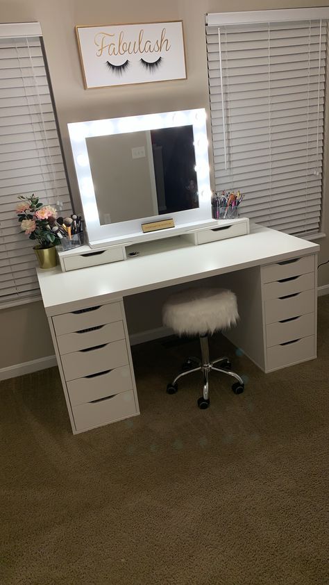 IKEA Alex drawers and vanity mirror from amazon. Stool from home goods Alex Drawer Nightstand, Vanity Alex Drawers, Ikea Alex Desk Vanity, Alex Vanity Ikea, Ikea Alex Vanity Ideas, Alex Desk Vanity, Vanity Desk With Mirror And Lights, Alex Drawer Vanity, Vanity Mirror Ideas Bedrooms