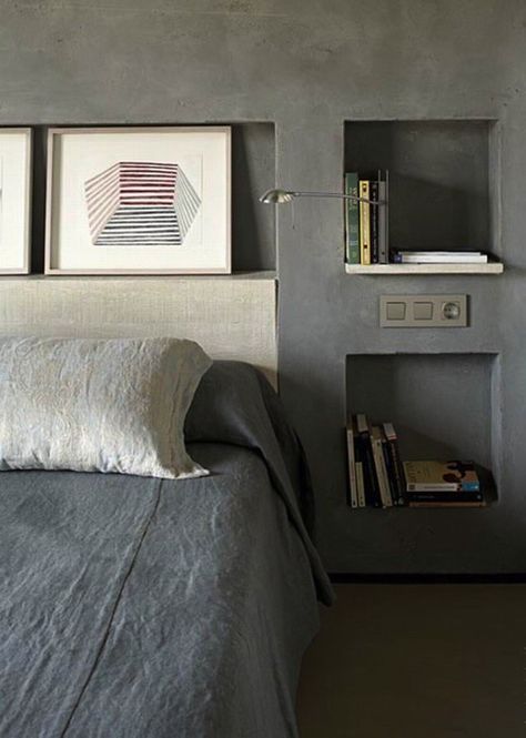 Cement Bedroom, Concrete Bedroom, Masculine Bedroom Design, Plaster Board, Bed Idea, Masculine Bedroom, Wall Niche, Headboard Wall, Bedroom Remodel