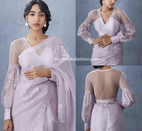 balloon sleeves organza blouse scaled e1585719941125 Organza Blouse Designs Latest, Off Shoulder Saree Blouse, Organza Blouse Designs, Organza Saree Blouse, Balloon Sleeves Blouse, Netted Blouse Designs, Asian Clothing, Blouse Ideas, Backless Blouse Designs