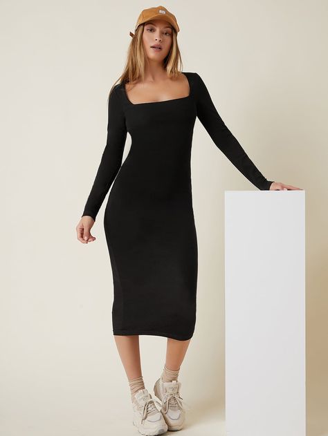 Square Neck Bodycon Dress | SHEIN USA Square Neck Bodycon Dress, Shein Basics, Split Hem Skirt, Floral Cami Top, Cord Skirt, Halter Bodycon Dress, Neck Bodycon Dress, Puff Sleeve Dresses, Long Sleeve Bodycon