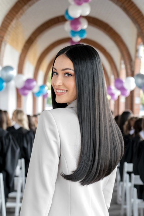 Elevate your graduation style with these stunning straight hairstyles. Featuring sleek, long hair that frames your face beautifully, this elegant look is the perfect blend of simplicity and sophistication. Whether you're walking across the stage or celebrating with friends, this hairstyle is sure to turn heads. Add a cute hair accessory or leave it natural for a timeless touch. #straighthairstyles #graduationprestige Straight Hairstyles For Graduation, Sleek Long Hair, Elegant Straight Hairstyles, Hairstyles For Graduation, Graduation Style, Graduation Hairstyles, Cute Hair, Sleek Look, The Stage