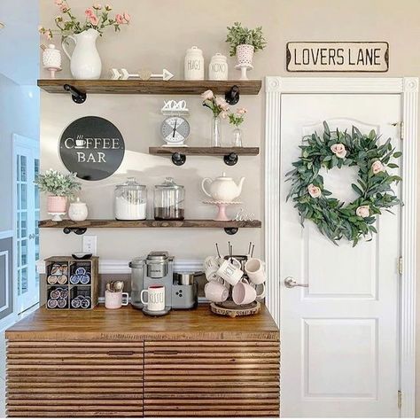 Good Housekeeping on Instagram: “Okay, my house is seriously lacking a coffee bar! Do you have one?☕️ (#regram: @mylifeondoecourt)” White Coffee Station, White Kitchen Nook, White And Pink Decor, Coffee Station Table, Rustic Coffee Shop, Coffee Station Ideas, Different Coffee, Cozy Guest Rooms, Coffee Shop Signs