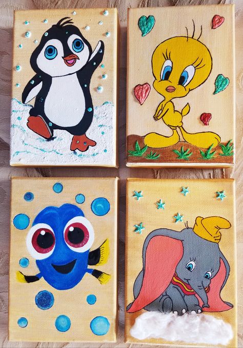 Baby Disney characters. Hand drawing and painted on 4x6 canvas, Set of 4 . Decorated with colored packing paste and Acrylic Gesso, Cotton, glitter glue, and love. This set is sold already. If you like it and would like to have a similar set, let me know. email me at .. n27eartcraft@gmail. Cute Paintings Cartoon, 4x6 Canvas Painting Ideas, Acrylic Painting Cartoon Characters, Disney Character Paintings, What To Draw On A Canvas, Disney Character Paintings On Canvas, Character Paintings On Canvas, Clock Learning, Character Paintings