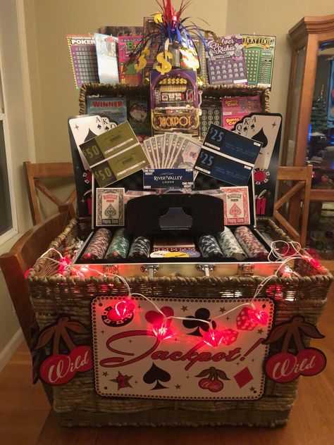 Wagon Raffle Basket, Big Raffle Basket Ideas, Prize Basket For Men, Baseball Basket Ideas Silent Auction, Big Auction Items, Stag Party Raffle Prize Ideas, Casino Themed Gift Baskets, Big Raffle Prize Ideas, Poker Gift Basket