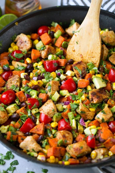 Chicken And Veggie Skillet, Black Bean Skillet, Sweet Potato Skillet Recipes, Sweet Potato And Black Bean, Veggie Skillet, Potato Salad Recipe Easy, Honey Lime Chicken, Sweet Potato Skillet, Healthy Chicken Dinner