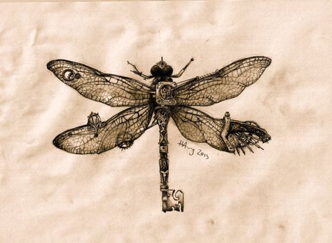 I'm seriously considering this for my next tattoo - with artist permission of course! (steampunk dragonfly key by ~agentcoleslaw on deviantART) Steampunk Key Tattoo, Dragonfly Drawing Tattoo, Steampunk Drawings, Steampunk Art Drawing, Steampunk Dragonfly, Victorian Tattoo, Key Tattoo Designs, Steampunk Drawing, Dragonfly Drawing