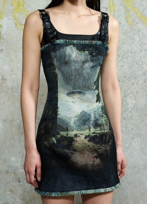 Harness Tapestry Dress Bird Inspired Fashion, Tapestry Clothing, Mystical Fashion, New York Clothes, Upcycled Dresses, Jellyfish Dress, Retro Future Fashion, Sci Fi Outfits, Upcycle Dress