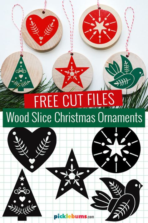 Wood Slice Christmas Ornaments with free cut files - Picklebums Wood Slice Christmas Ornaments, Gorgeous Christmas Cards, Wood Slice Decor, Wood Slice Christmas, Easy Wood, Different Types Of Wood, Wood Slice Ornament, Free Cut Files, Nordic Christmas