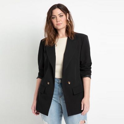 Wednesday's Workwear Report: Long Relaxed Blazer - Corporette.com Plus Size Peacoat, Meredith Blake, Relaxed Blazer, Wardrobe Capsule, Open Front Blazer, Plus Size Coats, Decorative Buttons, Fall 2022, Fashion Pieces