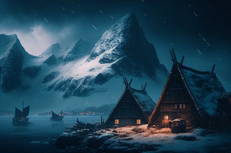 Winter Village Fantasy Art, Viking Fantasy Art Landscape, Arctic Village Fantasy Art, Snow Village Fantasy Art, Nordic Fantasy Landscape, Viking Village Aesthetic, Fantasy Snow Village, Fantasy Winter Village, Houses On Mountains