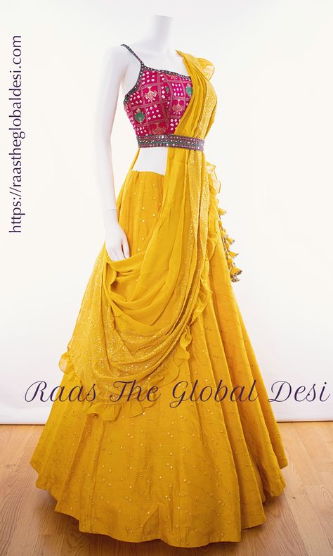 Luxury Yellow Lehenga For Navratri, Designer Yellow Choli For Navratri, Yellow Lehenga For Navratri Traditional Ceremonies, Embellished Yellow Lehenga For Navratri, Yellow Chaniya Choli, Yellow Floor-length Lehenga For Navratri, Global Desi, Choli Dress, Navratri Dress