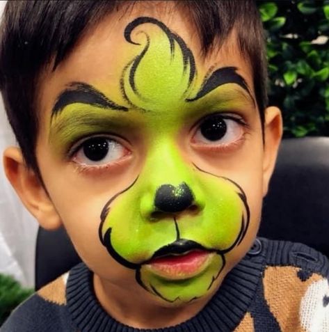 Grinch Easy Makeup, Grinch Face Paint Kids, Christmas Facepainting Kids Easy, Simple Grinch Makeup, Holiday Face Paint, Christmas Face Paint Ideas, Grinch Face Painting, Grinch Face Paint, Kids Face Painting Easy