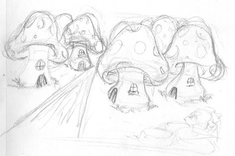 Mushroom Village Painting, Mushroom Village Drawing, Village Reference, Bench Drawing, Mushroom Village, Village Drawing, Fantasy Village, Mushroom Drawing, Dnd Ideas