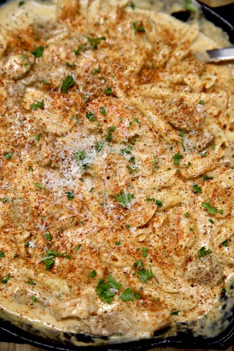 Cajun Steak and Shrimp Alfredo is a quick and easy meal that is loaded with amazing flavors. Great for any night of the week and delicious enough to serve for company. Creamy Cajun Steak Pasta, Cajun Shrimp And Steak Alfredo, Cajun Steak And Shrimp Pasta, Steak And Shrimp Alfredo Pasta, Cajun Steak Alfredo Pasta, Creamy Cajun Steak Alfredo, Steak Alfredo Pasta Recipes, Cajun Fettucini Alfredo, Cajun Steak Pasta