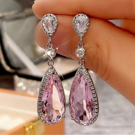 Exquisite Pink Teardrop Zircon Dangle Earrings. Small Teardrop White Zircon On Top With Pink Stone Surrounded By Accent Stones. Pink Diamond Earrings, Colored Earrings, Crystal Teardrop Earrings, Fancy Gifts, Teardrop Dangle Earrings, Alloy Earrings, Trendy Earrings, Earring Type, Pink Diamond