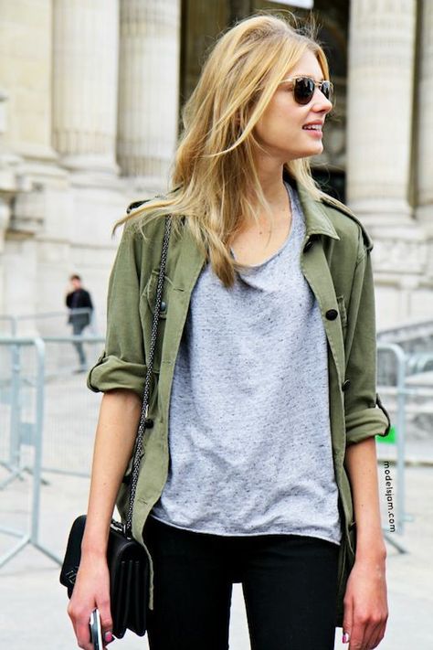 GET THE LOOKS: CAbi Spring '15 Olive Jacket www.janadebrower.cabionline.com Olive Jacket, Mode Tips, Looks Pinterest, Army Green Jacket, Army Fashion, Wearing Sunglasses, Army Jacket, Bohol, Looks Street Style