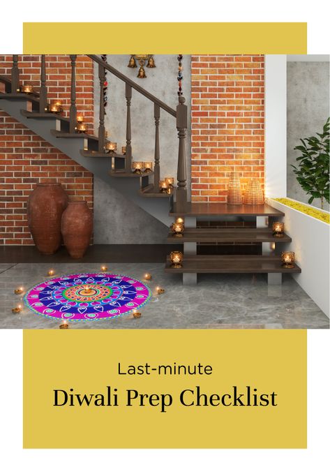 last-minute-diwali-prep-checklist Diwali Checklist, Diwali Decoration Ideas, Diwali Decor, Staircase Decor, Decor Hacks, Jaipur Rugs, Diwali Decoration, Beautiful Houses Interior, Home Decor Hacks