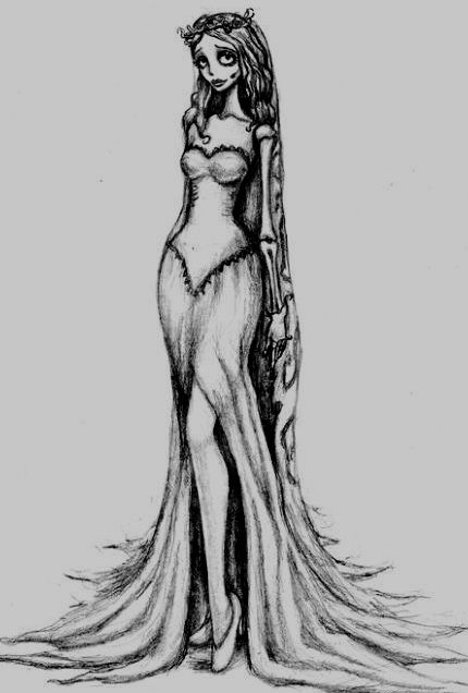 Scary Lady Drawing, Corpse Bride Art Painting, Emily From Corpse Bride Drawing, Emily Corpse Bride Full Body Picture, Gothic Rib Tattoo, The Corpse Bride Drawings, Corps Bride Tattoo, Drawing Corpse Bride, Gothic Drawing Ideas