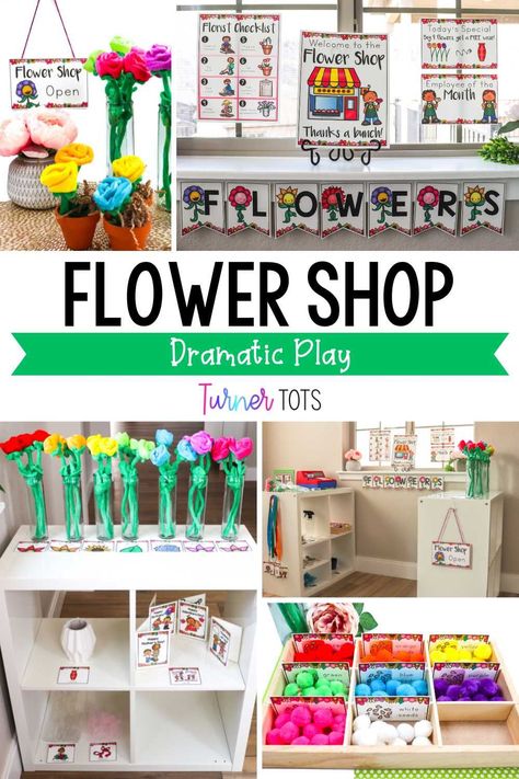 Flower Store Dramatic Play, Flower Shop Prop Box Dramatic Play, Flower Shop Dramatic Play Kindergarten, Kids Gift Shop Displays, Flower Dramatic Play Preschool, Garden Shop Dramatic Play Preschool, Dramatic Play Activities For Preschoolers, Flower Market Dramatic Play, April Dramatic Play Ideas