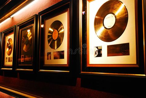 Music Awards Trophy, Award Aesthetic, Records On The Wall, Us Military Medals, Records Aesthetic, Record Wall Display, Gold Record, Records Wall, Trophy Display