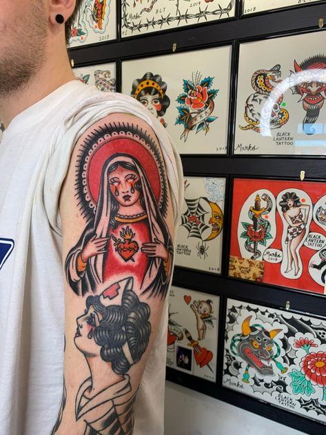 45 Traditional American Tattoos That are Bold and Beautiful | Inspirationfeed American Traditional Sleeve, Virgin Mary Tattoo, American Traditional Tattoos, Lantern Tattoo, Mary Tattoo, Traditional Style Tattoo, Traditional Sleeve, Traditional Tattoo Sleeve, American Tattoos