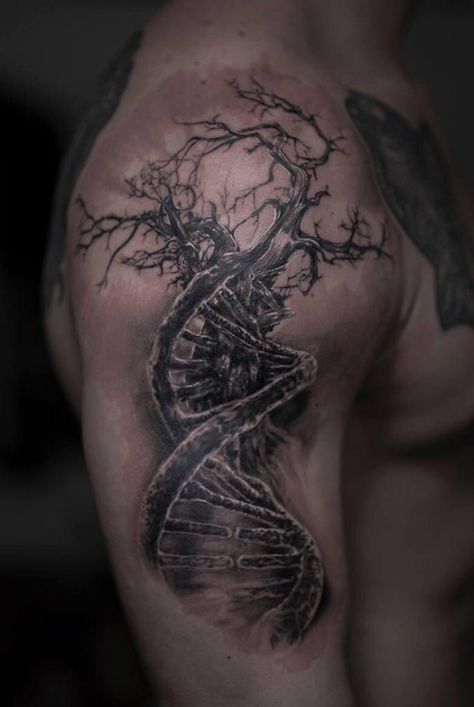 Mechanical Tree Tattoo, Dna Tree Tattoo Design, Dna Tree Drawing, Dna Family Tree Tattoo, Dna Tattoo Men, Tree Of Life Dna Tattoo, Dna Tattoo Family, Tree Of Life Sleeve Tattoo, Dna Tree Tattoo