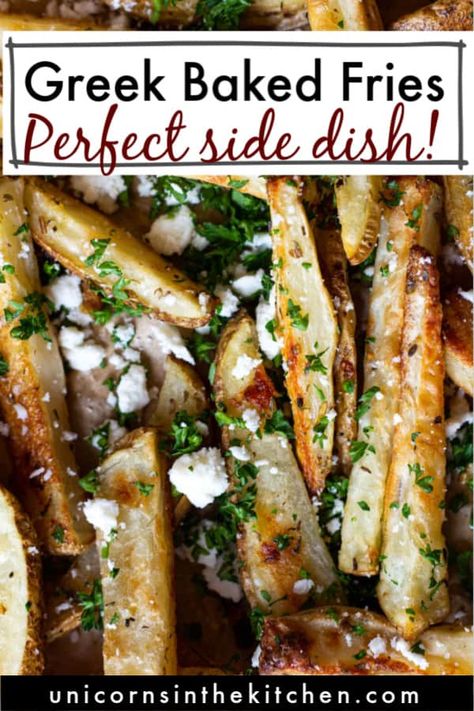 Feta French Fries, Greek French Fries Recipe, Greek French Fries, Greek Fries Recipe, Greek Side Dishes, Greek Goodness, Greek Fries, Oven Baked Fries, Healthy Fries