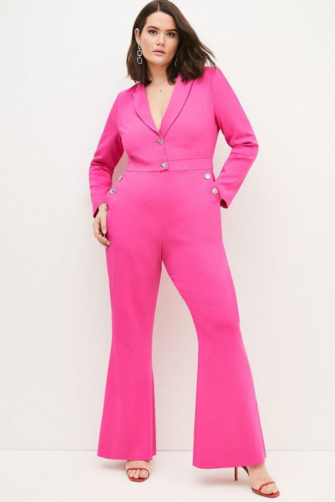 Plus Size Compact Viscose Tailored Jumpsuit | Karen Millen Hot Pink Jumpsuits, Tailored Jumpsuit, Ladies Clothes Fashion, Flare Jumpsuit, Pink Jumpsuit, Metallic Heels, Ladies Clothes, Woven Top, Karen Millen