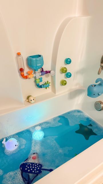 Karina Alyza on Instagram: "Made an “Under the Sea” themed bath for my little ones.🐠🌊 Love making these fun baths once or twice a month for them.😊 Comment “LINK” and I’ll send you a DM for these🤍" Baby Bathroom Ideas, Childs Bathroom, Bath Party, Baby Bathtime, Toddler Bathroom, Bath Aesthetic, Disney Finding Dory, Kids Activities At Home, Indoor Activities For Toddlers