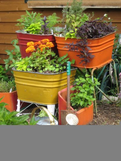 Upcycling old wash tubs and chimney flues A dump find of old wash tubs and chimney flues and paint made a whimsical kitchen herb garden. In the winter I roll them inside and enjoy fresh/dried herbs all winter. Herb Garden In Kitchen, Upcycle Garden, Plants Growing, Container Gardening Flowers, Garden Junk, Herb Planters, Garden Containers, Unique Gardens, Kew Gardens