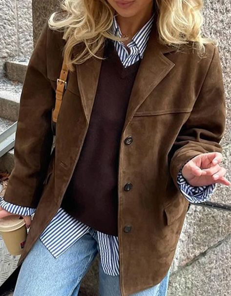 Casual Street Buttons Turndown Collar Outerwear Suede Jacket Outfit, Blazer En Cuir, Leather Blazer Women, Suede Jacket Women, Faux Leather Jacket Women, Suede Blazer, Leather Blazer Jacket, High Street Fashion, Bear Outfits