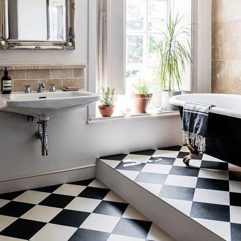 Vinyl Flooring | Luxury Vinyl Floor Tiles | Harvey Maria White Bathroom Floor, Black And White Bathroom Floor, Casa Rock, Black And White Tiles Bathroom, Stove Black, Black And White Bathroom, Black Floor Tiles, Bathroom Vinyl, Luxury Vinyl Tile Flooring