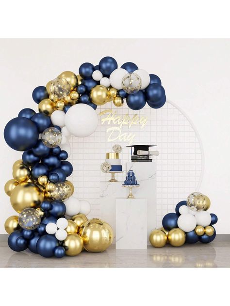 125pcs Navy Blue Gold Balloons Garland Arch Kit, Metallic Gold Latex White Confetti Mixed Sizes Balloons Foil Balloons For Baby Shower Birthday Party Wedding Graduation DecorationI discovered amazing products on SHEIN.com, come check them out! Blue Gold Balloons, Marble Balloons, Graduation Party Backdrops, 60th Birthday Decorations, Gold Graduation Party, Gold Foil Balloons, Gold Party Decorations, Gold Confetti Balloons, White Confetti