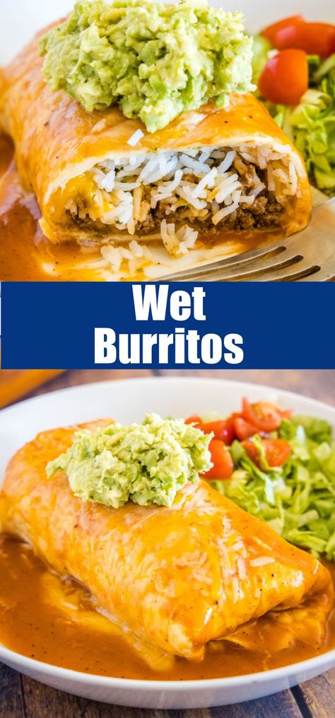 Mexican Fiesta Recipes, Wet Tacos Recipe, Hamburger Burrito Recipe, Spicy Enchilada Sauce, Wet Burrito Recipes, Beef Burrito Recipe, Wet Burrito, Burrito Recipes, Vegetable Meals