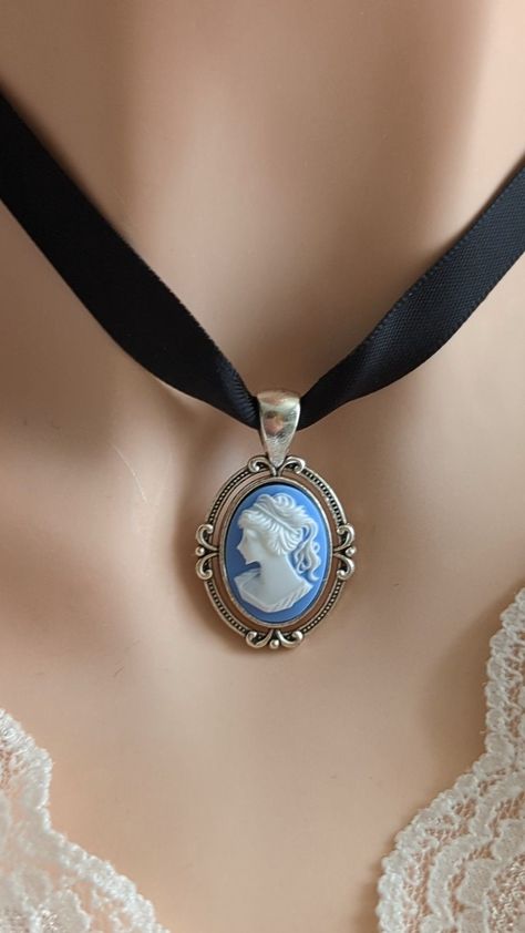 Blue Cameo Necklace, Black Ribbon Choker, Victorian Gothic Jewelry, Victorian Bridal Jewelry, Unique Gifts, Something Blue for Bride by PapillionEra on Etsy Victorian Era Necklace, Black Ribbon Choker Necklace, Jewelery Necklace, Black Ribbon Choker, Cameo Choker, Something Blue For Bride, Victorian Gothic Jewelry, Ribbon Choker Necklace, Victorian Accessories