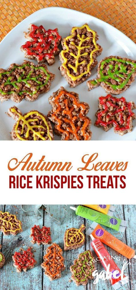 Autumn leaves Rice Krispies Treats are a fun fall snack kids can help make! Cocoa Krispies make chocolate leaves. Decorate with sparkle gel to make each leave unique! #FallLeaves #FallRecipes Fall Snacks Kids, Snacks For Kids School, Fun Fall Treats, Chocolate Leaves, Rice Krispies Recipe, Thanksgiving Desserts Kids, Cocoa Krispies, Rice Krispies Treats, Kids Cooking Recipes