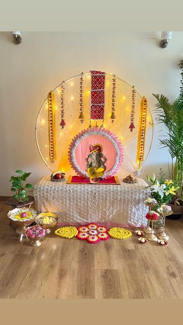 Navratri Decor, Bappa Decoration, Diy Backdrop Stand, Cloth Pieces, Ganpati Idol, Ganpati Decor, Background Effect, Janmashtami Decoration, Ganapati Decoration