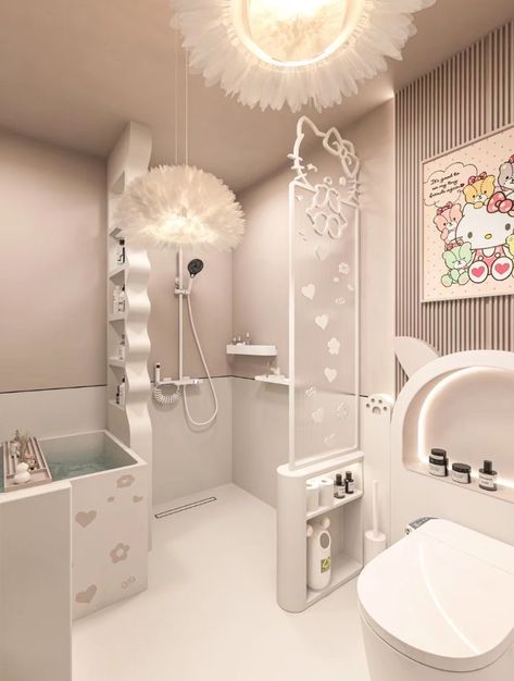 Sanrio Bathroom, Kawaii Apartment, Pink House Interior, Hello Kitty Bathroom, Hello Kitty Room Decor, Cool Room Designs, Bathroom Aesthetic, Aesthetic Bathroom, Bathroom Remodel Ideas