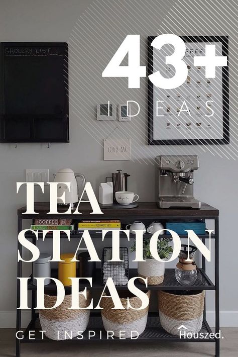 43 Coffee and Tea Station Ideas That Make Your Friends Jealous Toaster Coffee Station, Kitchen Tea Area Ideas, Tea Corner Ideas Office, Tea Spot In Kitchen, Diy Tea Station Ideas, Yea Bar Ideas, Coffee And Tea Station Countertop Kitchen, Coffee Bar Organization Small Spaces, Coffee And Tea Station Countertop Minimalist