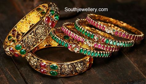 Antique Gold Ruby Emerald Bangles Emerald Bangles Gold, Ruby Emerald Bangles, Emerald Bangles, Plain Gold Bangles, Latest Indian Jewellery, 22 Carat Gold Jewellery, Choker Designs, Bangles Gold, Pearl Jewelry Design