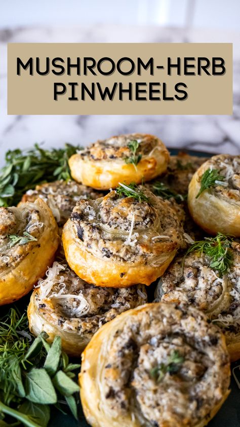 These easy, savory Mushroom-Herb Pinwheels are a delicious addition to any appetizer platter or party spread. With flaky pastry and a flavorful filling of sautéed mushrooms and herbs, they're sure to be a crowd-pleaser! Mushroom Stuffed Puff Pastry, Mushroom Crescent Roll Appetizer, Vegetarian Pinwheel Appetizers, Mushroom Pinwheels, Puff Pastry With Mushrooms And Cheese, Mushroom Pinwheels Puff Pastries, Mushroom Hors D’oeuvres, Mushroom Filling, Simple Appetizers