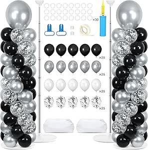 2 Sets Black and Silver Balloon Column Stand Kit with 100 Balloons Adjustable Balloon Tower Stand with Base for Floor Black Metallic Silver Confetti Balloon Column Kit for Birthday Wedding Party Decor Balloon Tower Stand, Balloon Column Stand, Gala Decor, Gala Decorations, Balloon Tower, Silver Confetti, Tower Stand, Silver Balloon, Wedding Party Decor