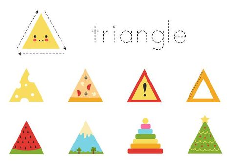 Geometric shapes for children. worksheet... | Premium Vector #Freepik #vector #geometric #education #cartoon #mountain Triangle Shape Objects, Triangle Drawing Ideas, Triangle Objects, Triangles Activities, Triangle Drawing, Drawing Ideas For Kids, Crown For Kids, Shapes Preschool, Shapes Worksheets