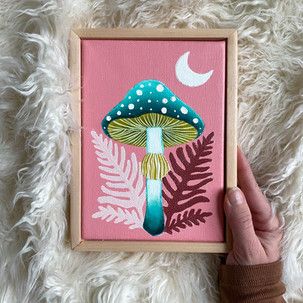 Diy Mushroom Painting, Acrylic Painting Mushroom Art, Gouache Mushroom, Gouache Mushroom Painting, Guache Paintings Mushroom, Gouache Painting Mushrooms, Space Mushroom Painting, Mushroom Paint, Skull Painting