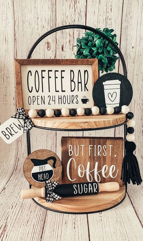 Diy Coffee Stand, 3 Tier Stand Decor, Tier Stand Decor, Tiered Shelves, 3 Tier Stand, Coffee Bar Station, Coffee Area, Coffee Stand, Farmhouse Beads