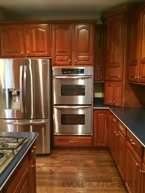 An Epic Painted Kitchen Cabinet Transformation - Evolution of Style Cherry Wood Kitchen Cabinets, Kitchen Cabinets Before And After, Cherry Wood Kitchens, Redo Kitchen Cabinets, Cabinet Transformations, Corian Countertops, Redo Cabinets, Colonial Kitchen, Cherry Kitchen