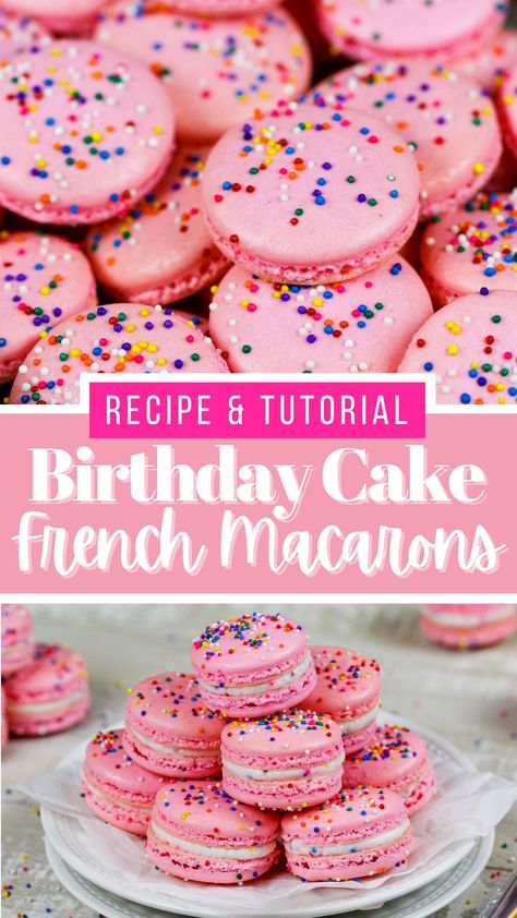 Sprinkle Buttercream, Birthday Cake Macarons, Birthday Cake Batter, Easy Macaroons Recipe, French Macaroon Recipes, Cake Macarons, Macaron Recipes, Kue Macaroon, Homemade Buttercream